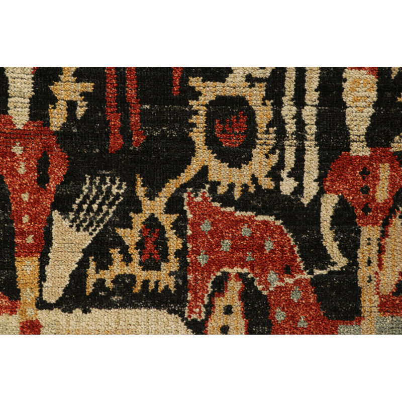Rug & Kilim’S Kaitag Style Rug In Black With Horse And Rider Pictorials