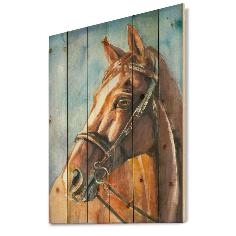 Portrait d'un cheval brun - reproduction de ferme sur bois de pin naturel, H 30 po x l 15 po x P 0,78 po