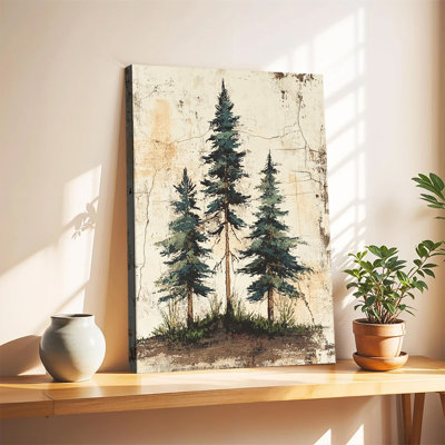 Tableau vintage rustique représentant des pins vieillis, grande toile tendue sur châssis pour salon ou chambre.