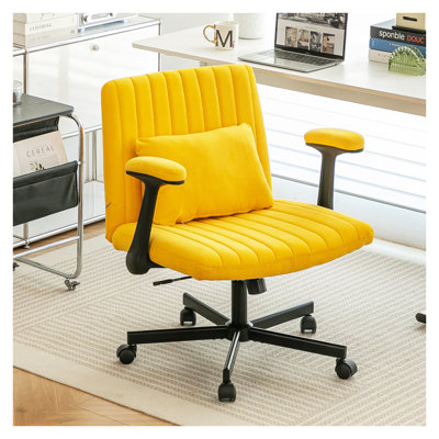 Chaise de bureau ergonomique en lin jaune avec accoudoirs Criss Cross - Chaise de bureau pivotante réglable avec coussin en mousse à mémoire de forme et roulettes