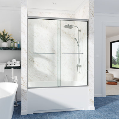  62-67"W x 66"H Semi-Frameless Double Sliding Shower Door | 6mm SGCC Clear Tempered Glass, R5 Beveled Edge Design, Shatter-Resistant Film, Adjustable Rollers, Reversible Handle