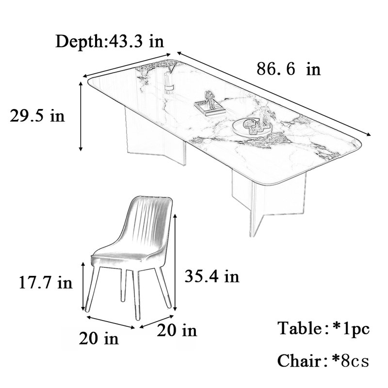 Combinaison de chaise de table haut de gamme légère et luxueuse, H 29,5 po x L 86,6 po x l 43,3 po