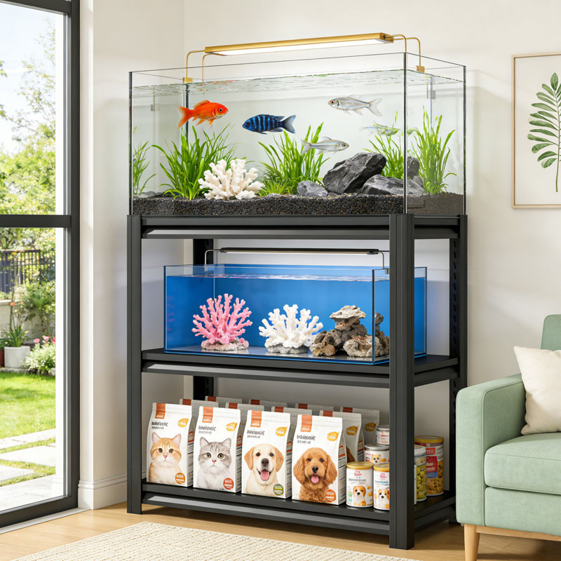 Support d'aquarium robuste en métal avec support de rangement réglable à 3 niveaux