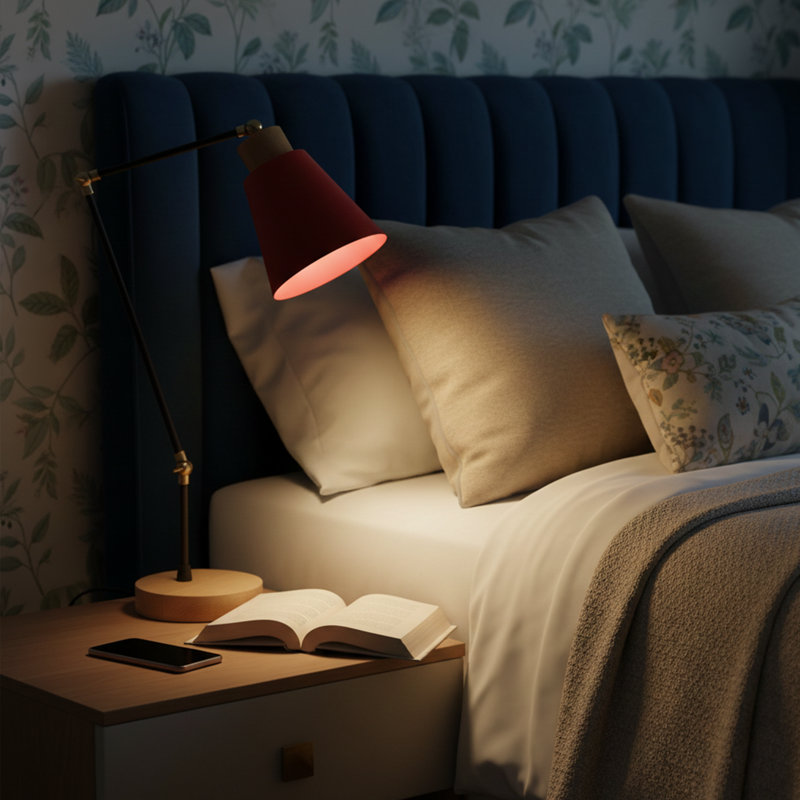 Lampe de bureau réglable en métal 21 po avec base en bois naturel Aurelius, Rouge