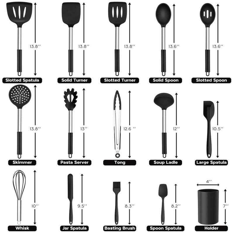 Ensemble de 15 ustensiles de cuisine en silicone, acier inoxydable, résistant à la chaleur, noir