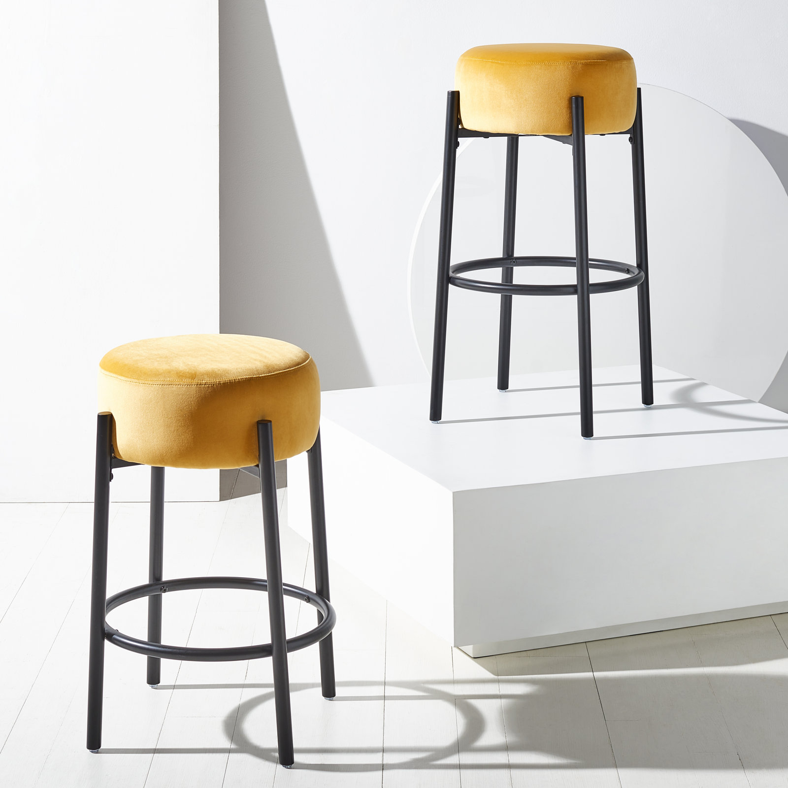 Colombe Metal Leg Bar & Stool, Velvet-Mustard, Bar Stool (30" Seat Height)