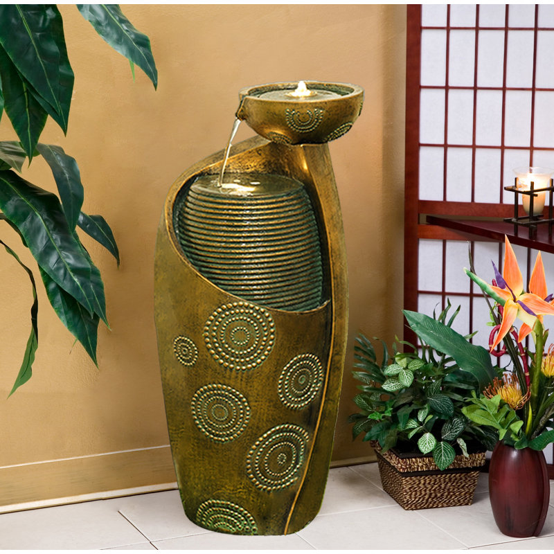 Myrtlee Hand Crafted Weather Resistant Floor Fountain with Light, Gold