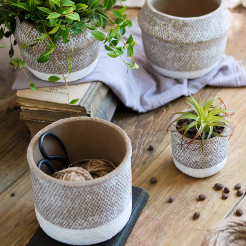 Boho Straw-Look Flower Planter, 3.9" H x 4.3" W x 4.3" D