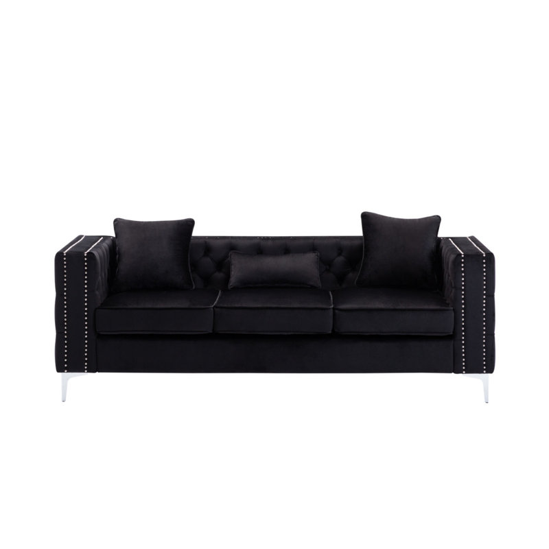 Lorreto 86"W Black Velvet Sofa