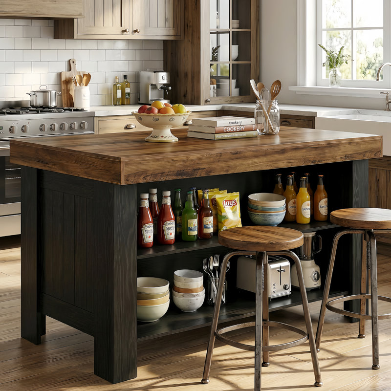 Îlot de cuisine en bois avec tablette de rangement, table de préparation de cuisine de ferme de 55,12 po pour la salle à manger