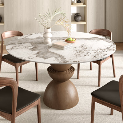 Modern Round Dining Table With Solid Wood Pedestal Base & Sintered Stone Tabletop For Seat 2-6