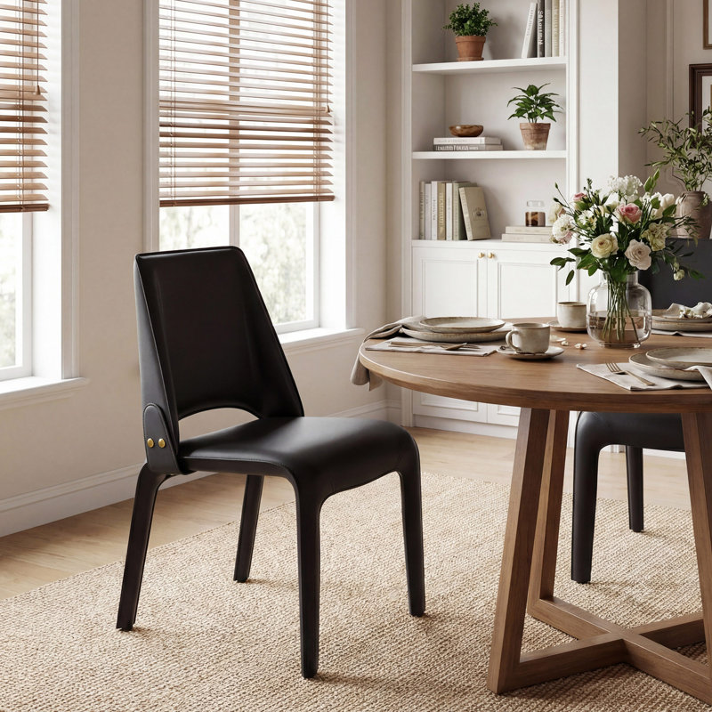 Chaise d'appoint rembourrée en cuir avec siège rembourré et siège en cuir entièrement assemblé, Noir, 1