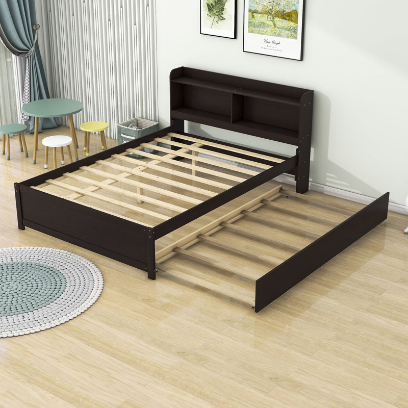 Lit plateforme en bois avec lit gigogne simple et rangement Halvorsen, Espresso