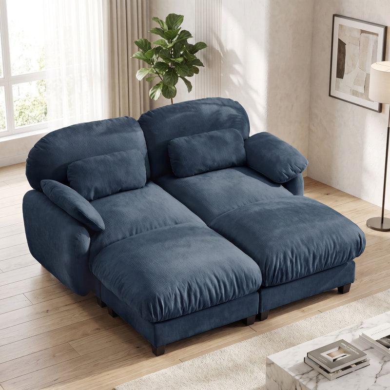 Canapé 2 places avec 2 poufs, revêtement en chenille douce, style moderne, idéal pour le salon ou un appartement., Bleu