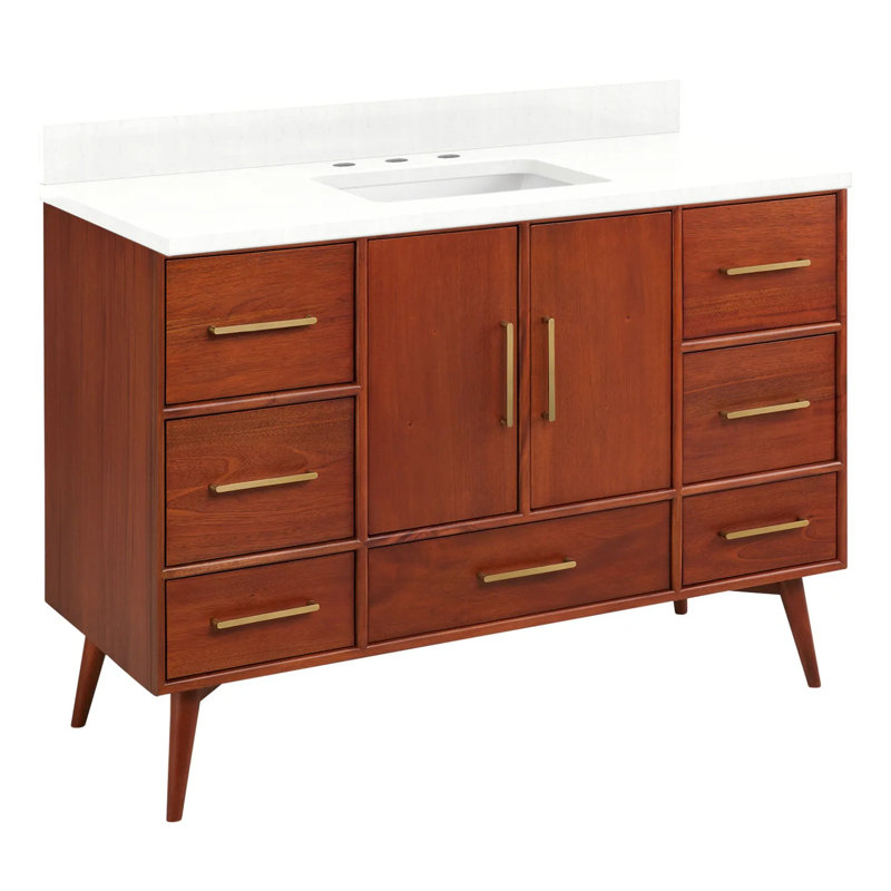 48" Novak Single Bathroom Vanity Set with Rectangular Undermount Sink, Natural Teak, 8" Widespread, Feathered White Quartz