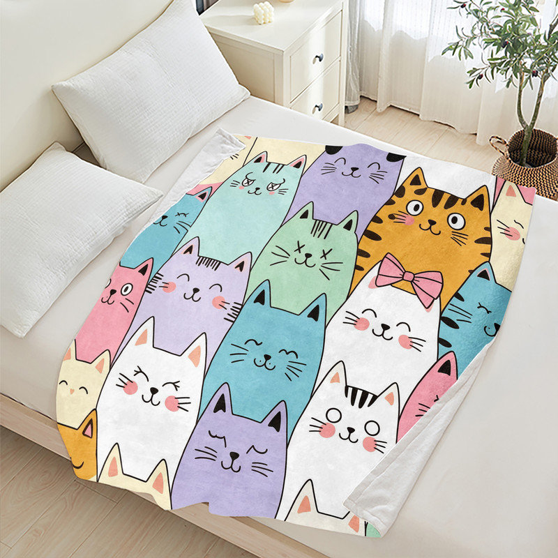 Jeté JYK, L 50 po x l 60 po, Chats colorés de Kawaii