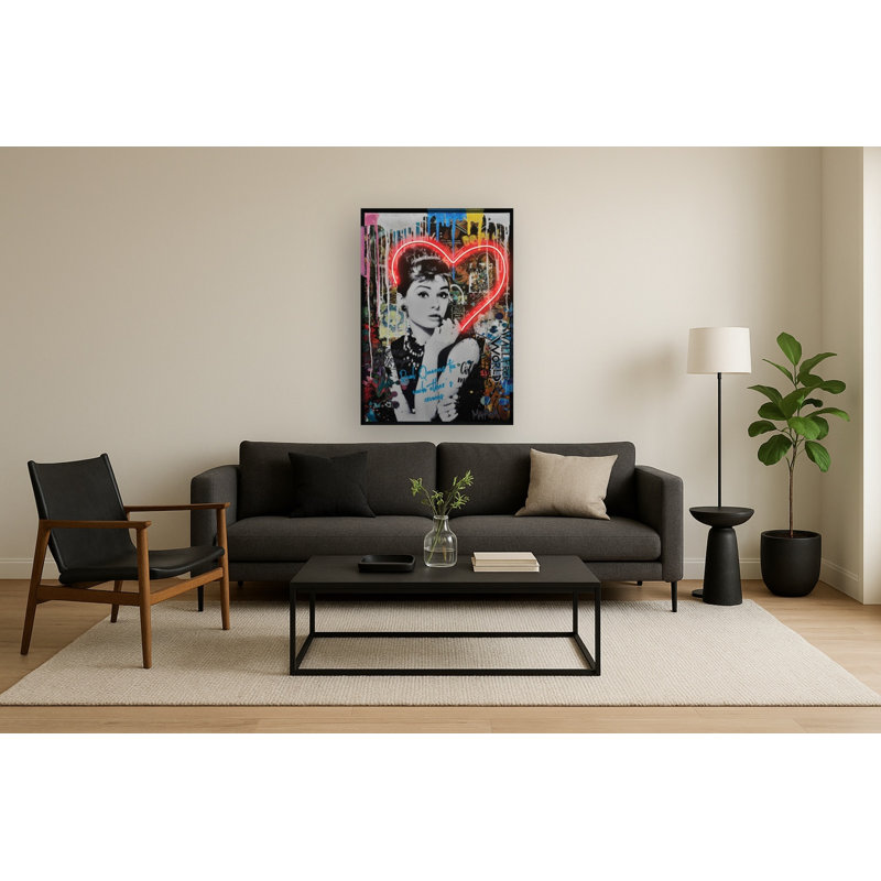 Art mural néon cœurs sur toile néon - 33 "x 48" - cadre noir