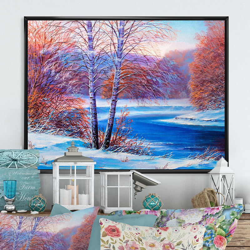 «River In Sunset Winter Forest II», reproduction sur toile flottante, H 16 po x l 32 po x P 1 po, Cadre flottant noir