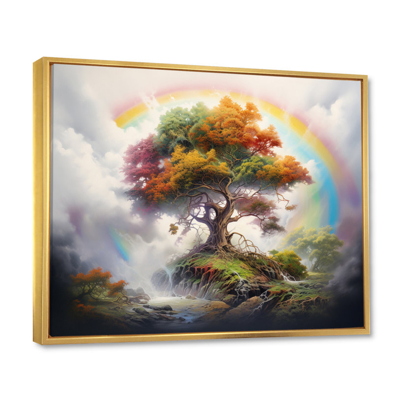 Mythique arbre majestueux avec arc-en-ciel sur toile, Cadre flottant doré, H 30 po x l 40 po x P 1,5 po