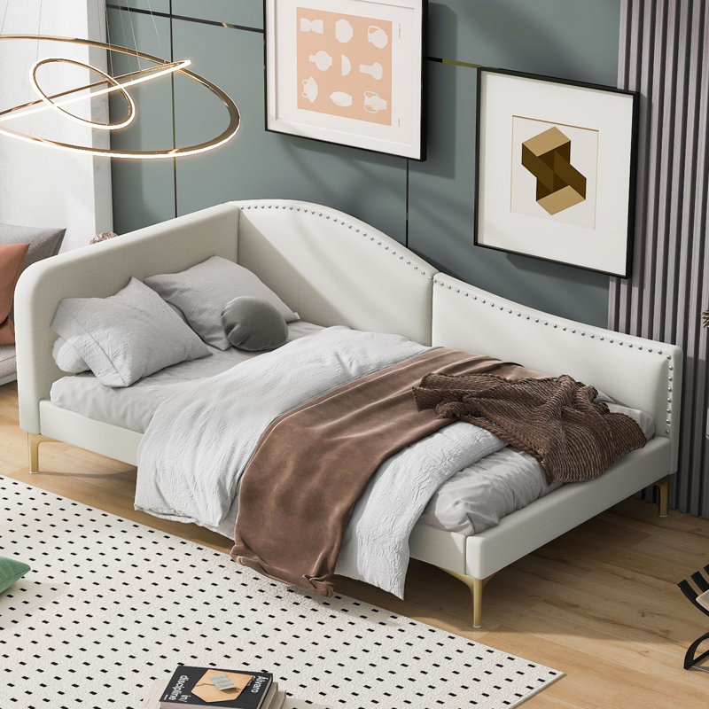 Lit de jour simple rembourré avec tête de lit et accoudoirs, lit d'invité moderne pour petits espaces, beige, Beige