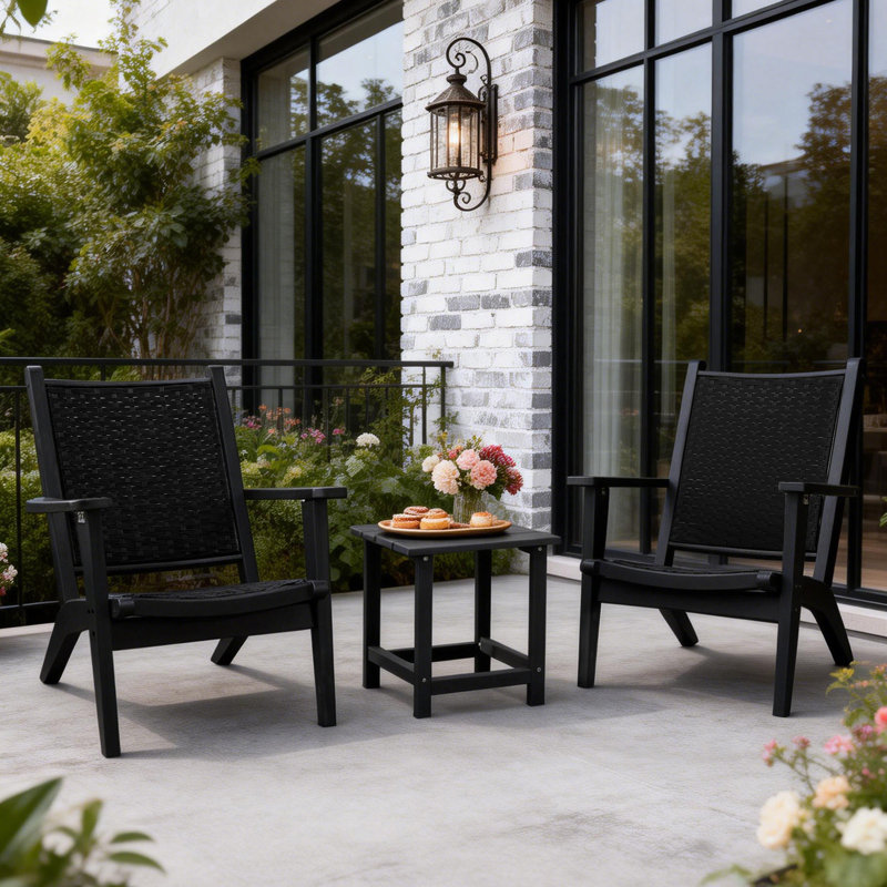 2 - Person Patio Wicker Conversation Set with Side Table, Black