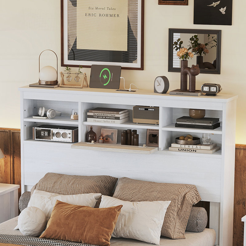 Queen Size Vintage Platform Bed,With Storage Headboard and Charging Station, White