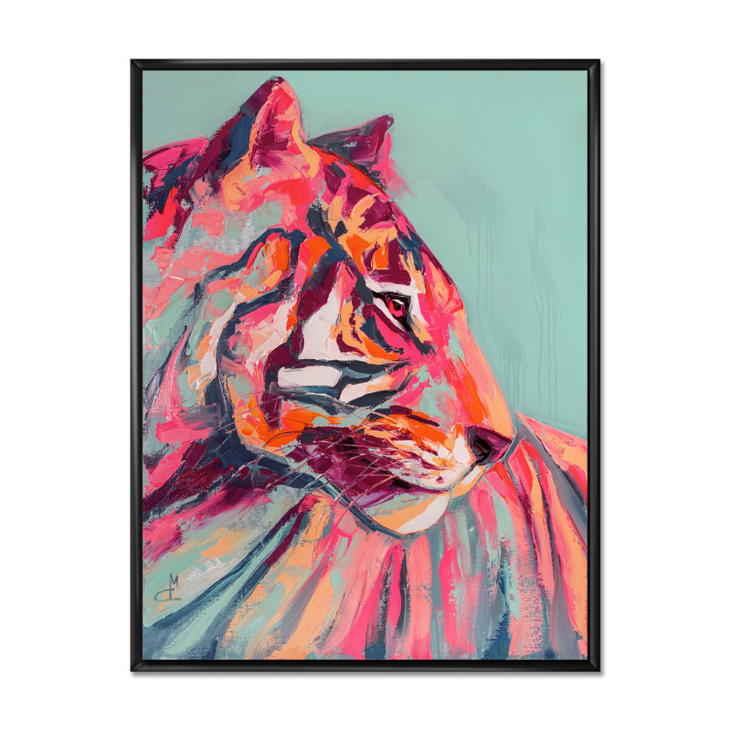«Pink Tiger Eye Paint Stroke Art VII», art mural animaux, H 40 po x l 30 po, Reproduction avec cadre flottant, Noir