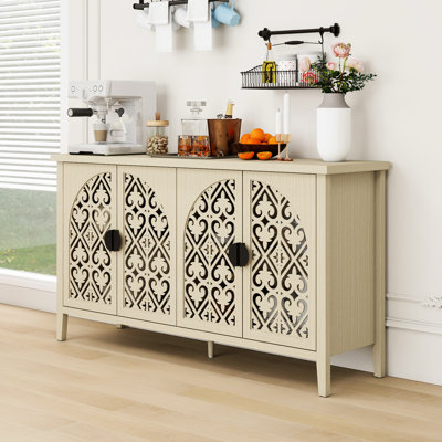 Hollowed - Out 4 Door Cabinet For Bedroom, Living Room And Study Use, Symmetrical Pattern On Panels, Round Metal Handles With Fine Feel, Solid Wood Feet Strong Bearing, Lock Wall Parts Protection,