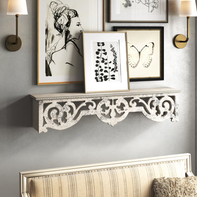 Sellner Wooden 1 Shelf Scroll Beige Wall Shelf with Gray Distressing