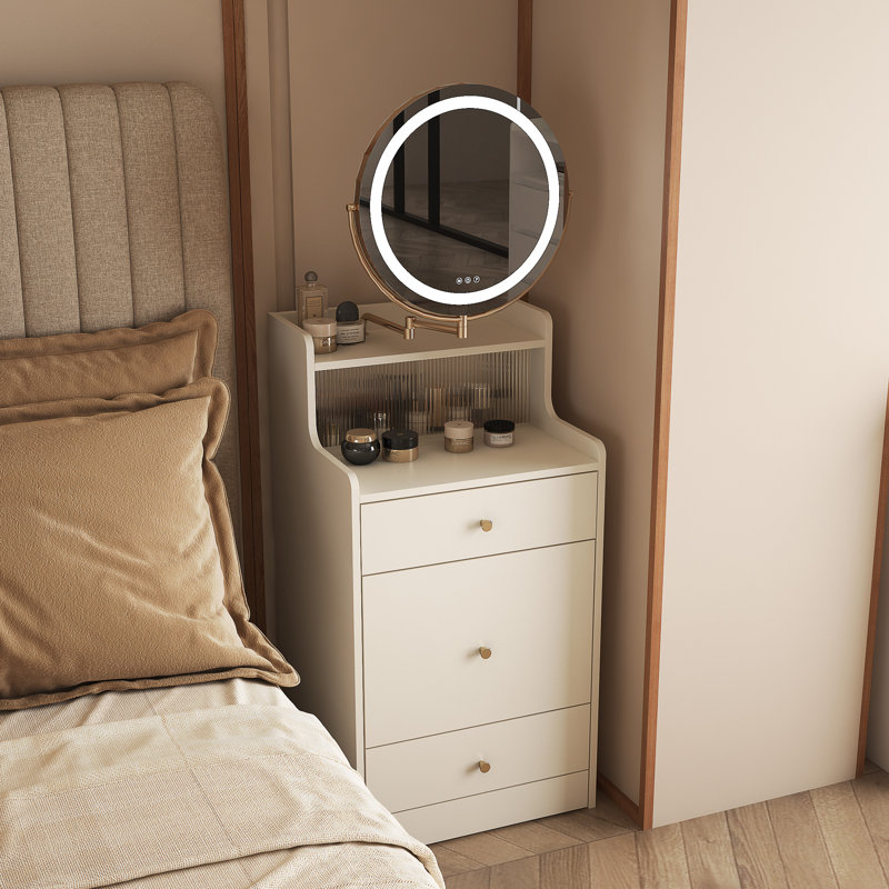 Bureau de coiffeuse 3 en 1 avec miroir et lumière, petit ensemble de coiffeuse avec station de charge, 2 tiroirs, rangement ouvert, tabouret rembourré, coiffeuse compacte pour petits espaces