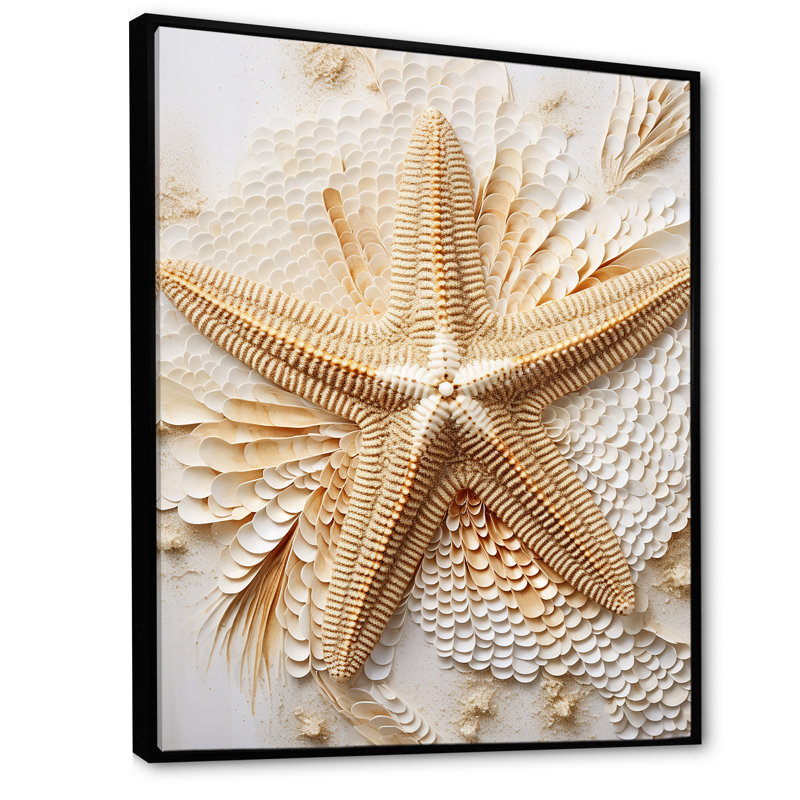 Étoile de mer minimalisme beige et or I, H 32 po x l 24 po x P 1 po, Cadre flottant noir