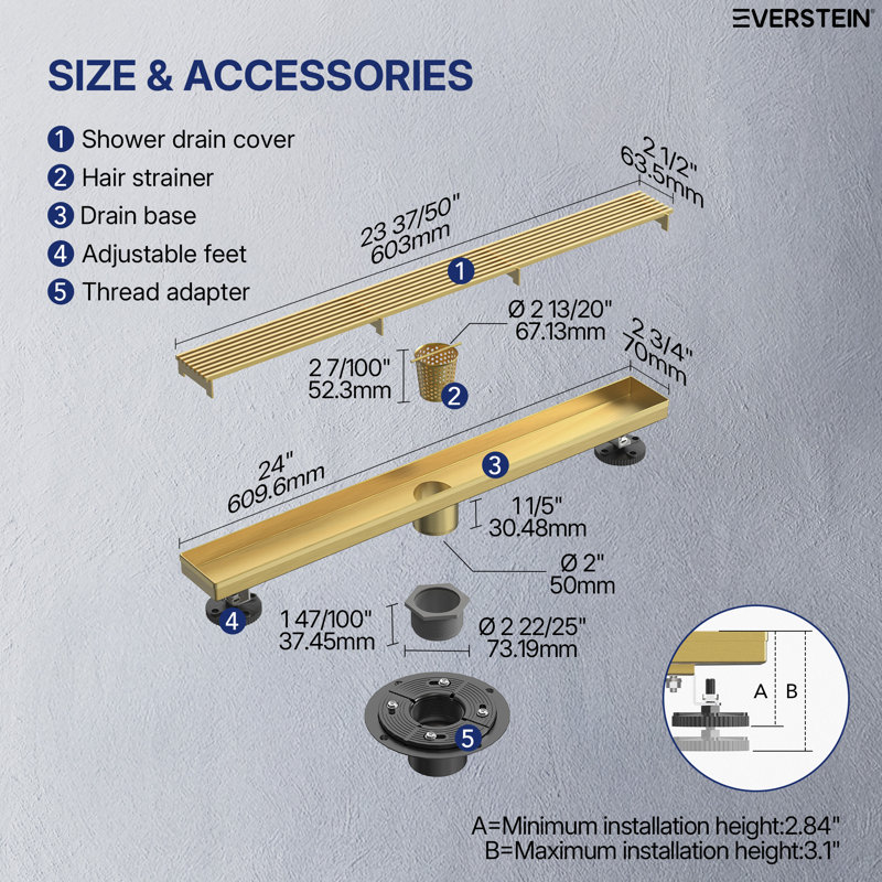 24"x 2.75" Linear Grid Rectangle Shower Drain, Brushed Gold
