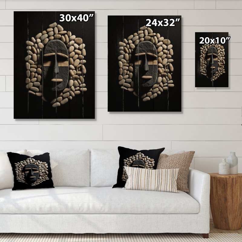 Impression de masque tribal africain noir et blanc II sur bois naturel, H 20 po x l 10 po x P 0,78 po