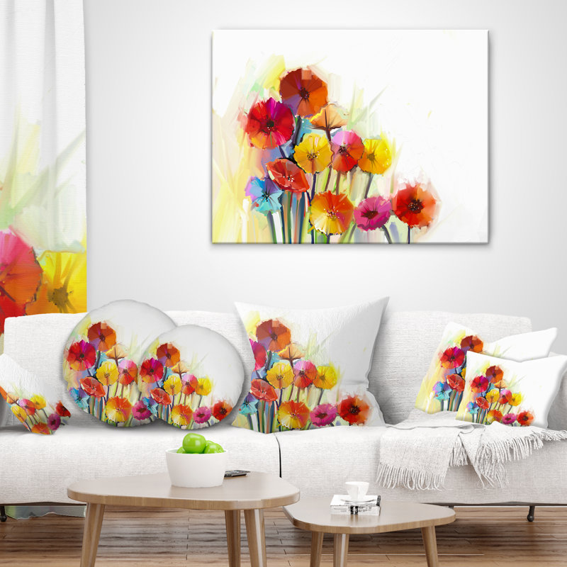Colorful Gerbera Flowers Watercolor - Floral Printed Throw Pillow, 16" x 16", Square