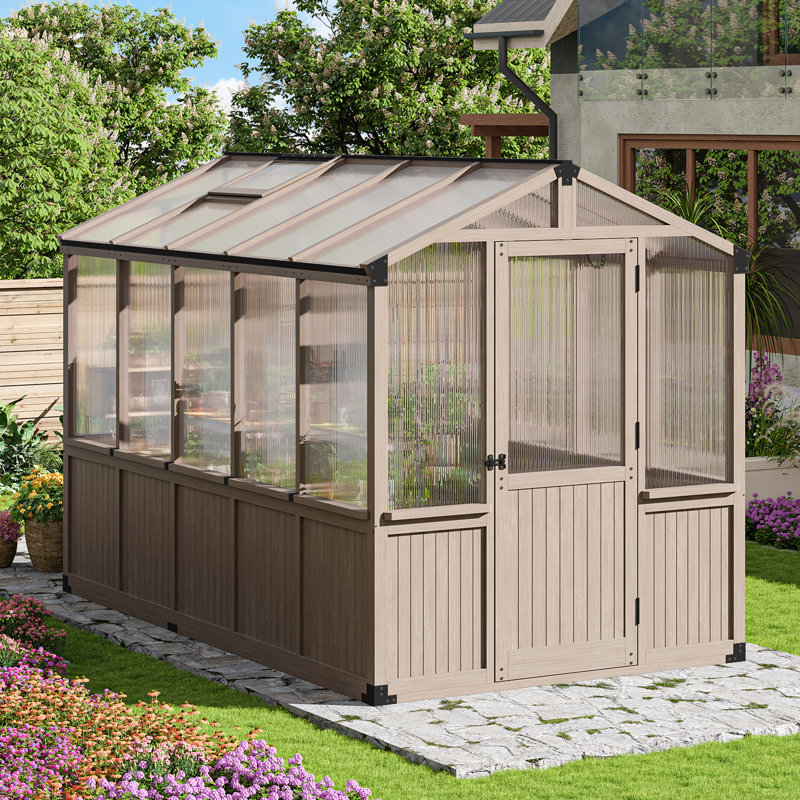 Wooden Greenhouse,polycarbonate Walk-in Outdoor Greenhouse, 7.08' H x 6' W x 10' D