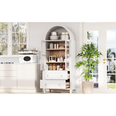 Armoire de cuisine arquée de 71 po de hauteur avec tablettes réglables, 2 tiroirs et anneaux de tirage ronds en métal pour faciliter le rangement de vos articles.