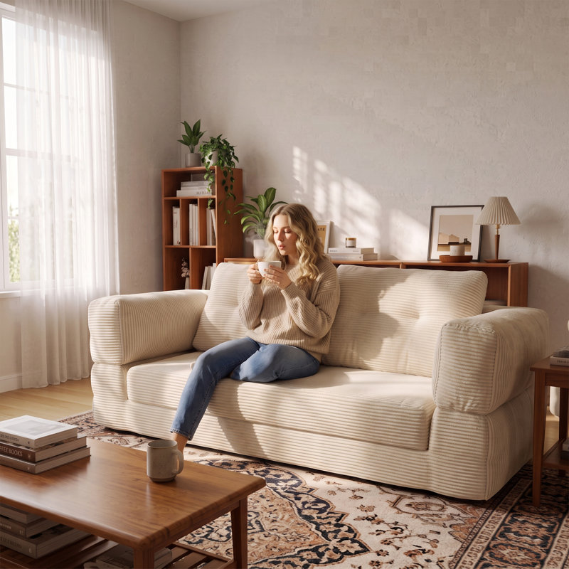 Cream Corduroy 2-Seater Floor Sofa Bed - No Assembly, Frame-Free, Compresses Into One Carton