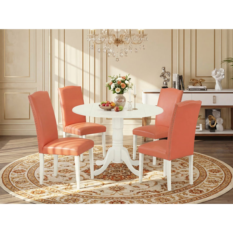 L'ensemble de salle à manger 5 pièces comprend une table de salle à manger ronde avec Dropleaf et 4 chaises Parson rembourrées en simili cuir rose Flamingo, 42 x 42 pouces, lin blanc