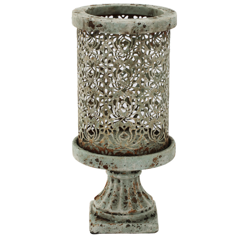 12” Distressed Gray Cement Candle Holder with Cutout Design, Vintage-Inspired Pedestal Stand for Mantel, Tabletop, or Centerpiece 