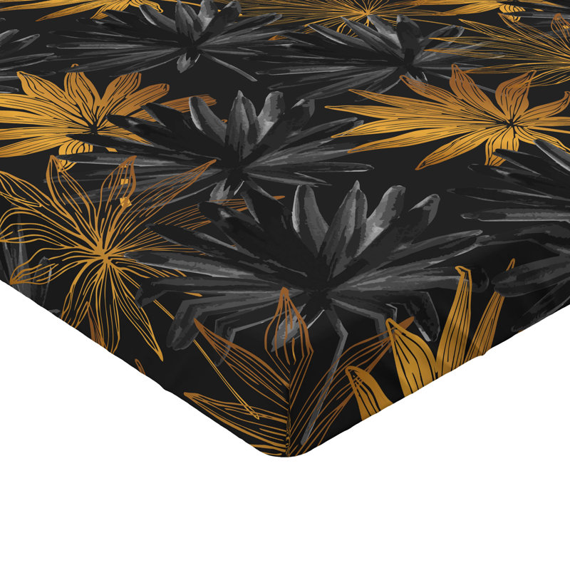 Drap-housse à motif floral Ambesonne, Jaune souci / motif floral gris foncé, Drap-housse très grand californien
