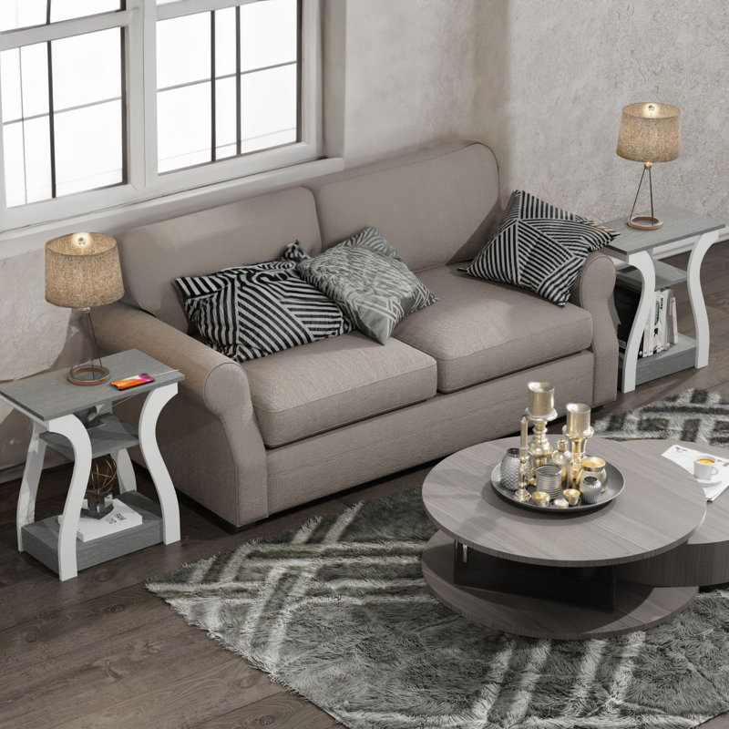Arthus End Table and Built-In Outlets, Grey Top/White Base