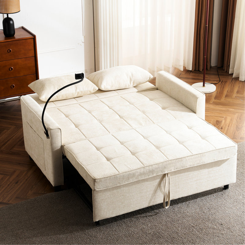 Lit convertible 56,6 po beige avec réversible, ports, support pour téléphone et poche latérale, rangement réglable