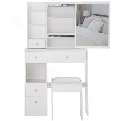 Petit meuble-lavabo compact avec miroir coulissant et tabouret de rangement