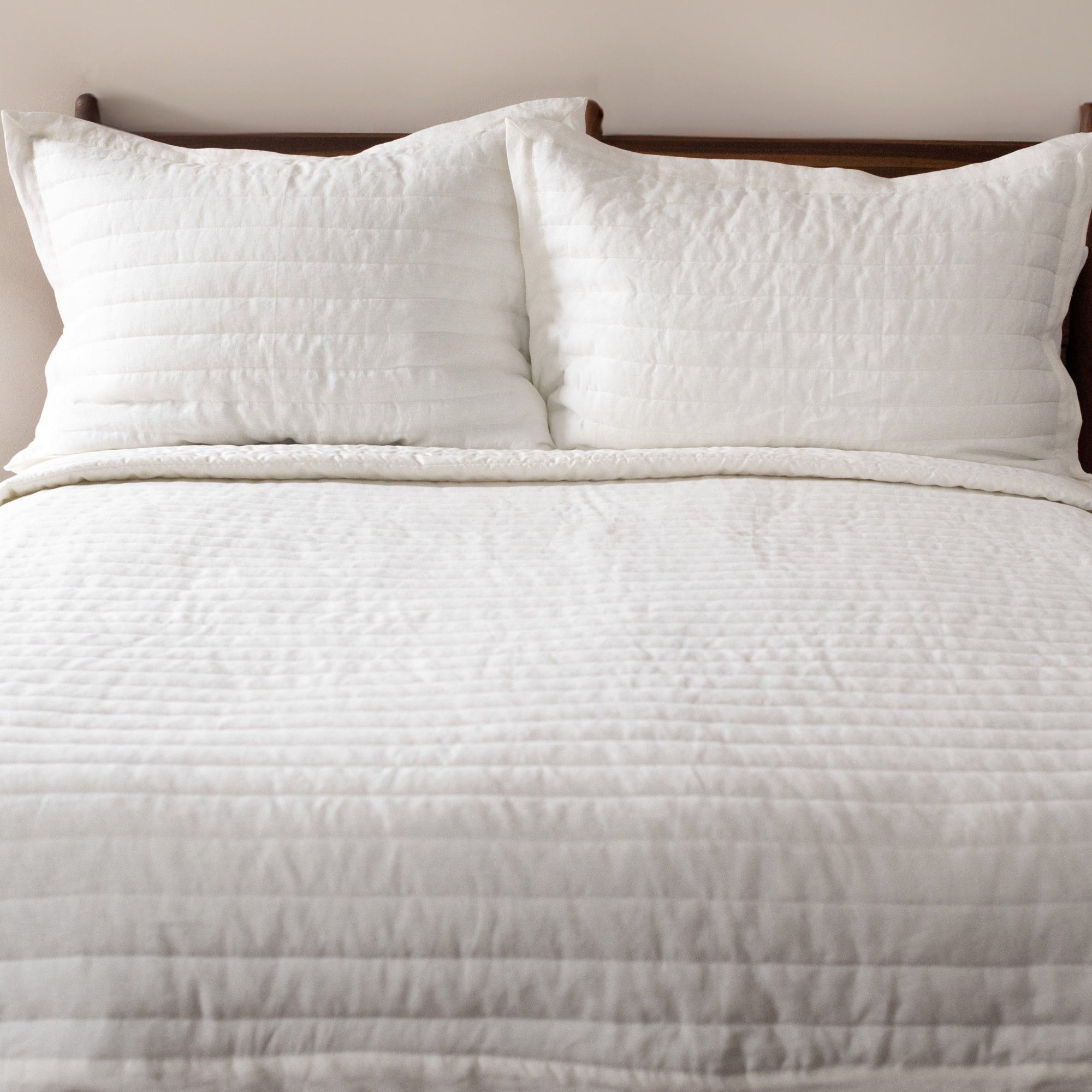 French Linen Channel Stitch Quilt & Sham Set - King/Cal King - Matcha, Queen Quilt + 2 Standard Shams, Cream