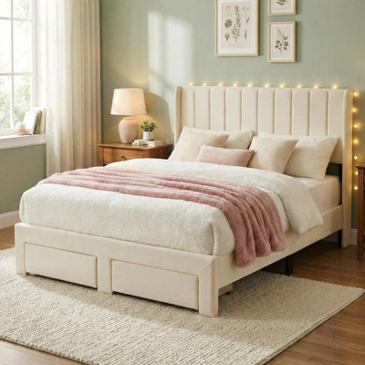 Full Size Upholstered Bed Frame with Storage Drawer, Heavy-Duty Steel Framework & Wooden Slats, Tufted Headboard, No Box Spring Needed, White