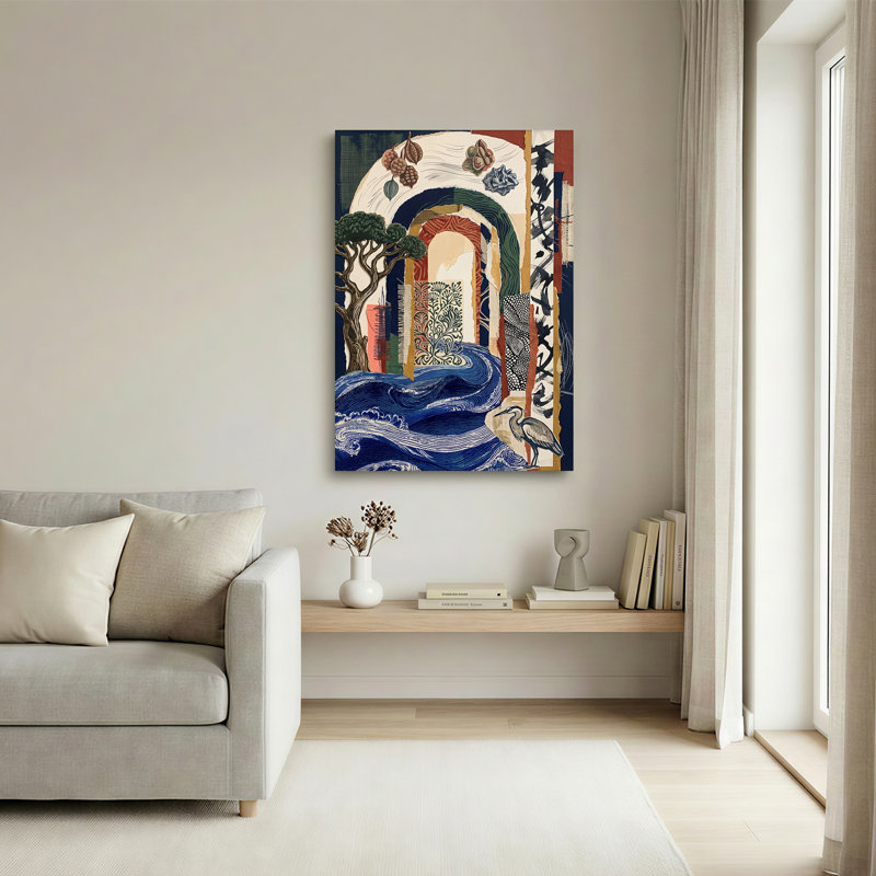 «Blue Ocean Waves and Heron in Collage Style», art mural sur toile, H 48 po x l 36 po