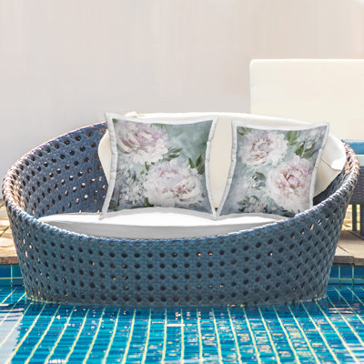 Ensemble de 2 coussins d'extérieur à imprimé fleurs de pivoines roses par Nina Blue