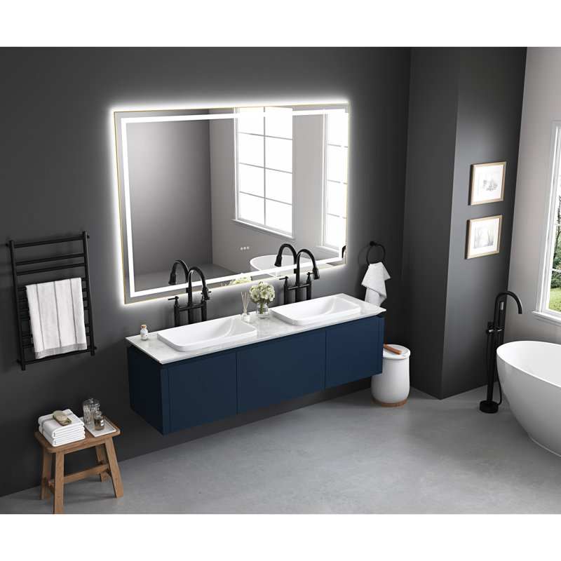 Miroir de salle de bain 72 po x 48 po Brouillard, 3 options de couleur, gradation continue. Fixé au mur avec cadre en aluminium brossé doré et miroir de coiffeuse personnalisable à luminosité et lumières avant et arrière. Fixé,
