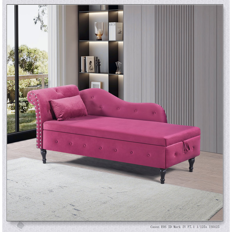 Luxueuse chaise longue en velours avec rangement, conception capitonnée et pieds en bois massif pour une utilisation polyvalente à la maison