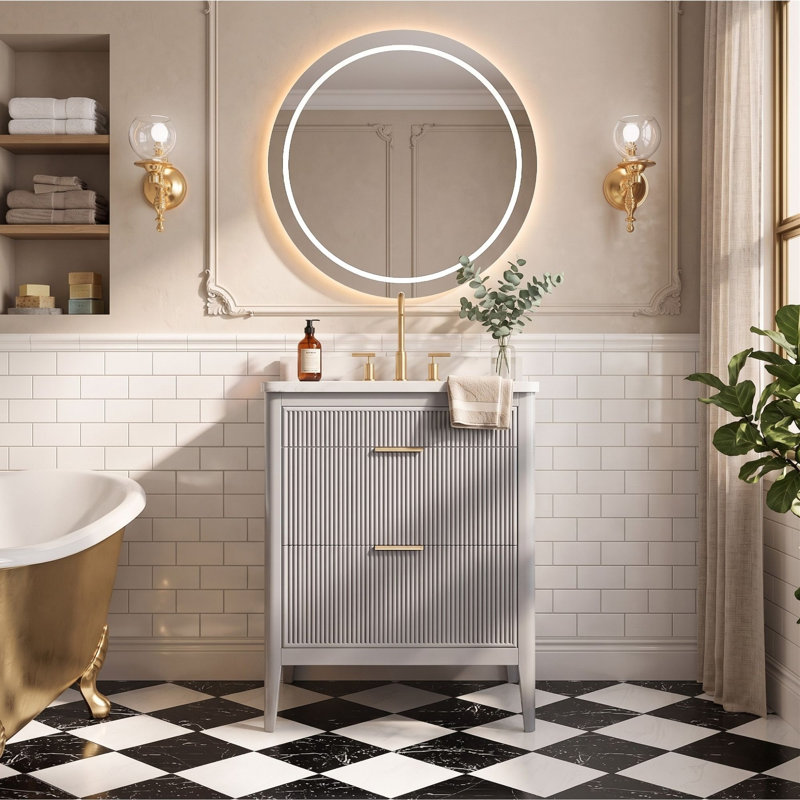 Ensemble de meuble-lavabo autoportant 30 po avec comptoir en pierre d'ingénierie de 1,4 po et structure en bois massif gris